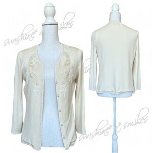 Vintage-Style ANN TAYLOR Beaded Embellishments Cream Silk Blend V-Neck Cardigan